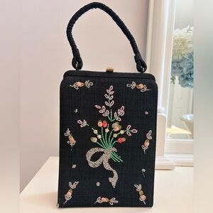 Fabulous Vintage Soure’ Bag New York Black Floral Embroidered Beaded Purse